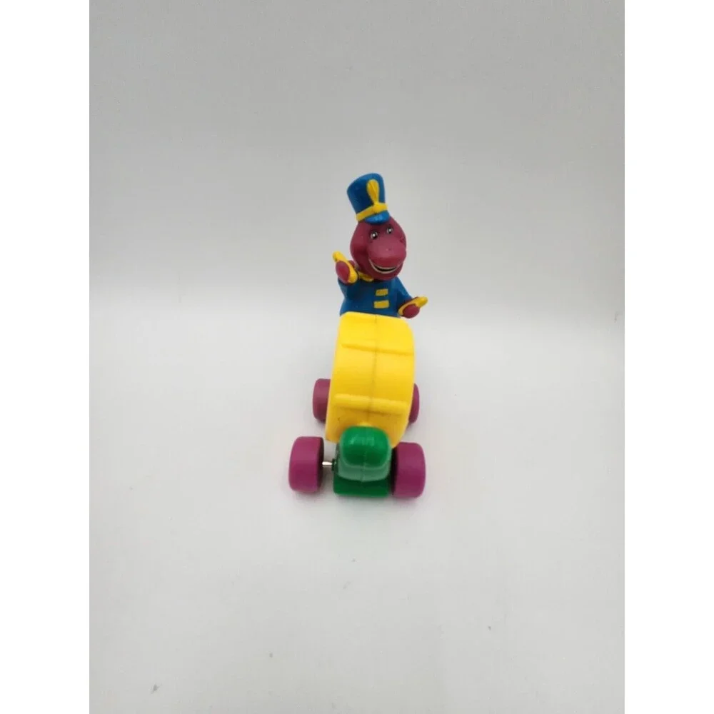 Vtg‎ Barney The Dinosaur Drum band Rolling Clicking Cart Toy 1997 Lyons